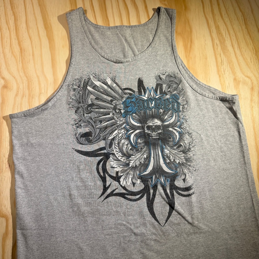 Savage Men's Skull Cross Tribal Wings Graphic Tank Top Grey Y2K Size XL